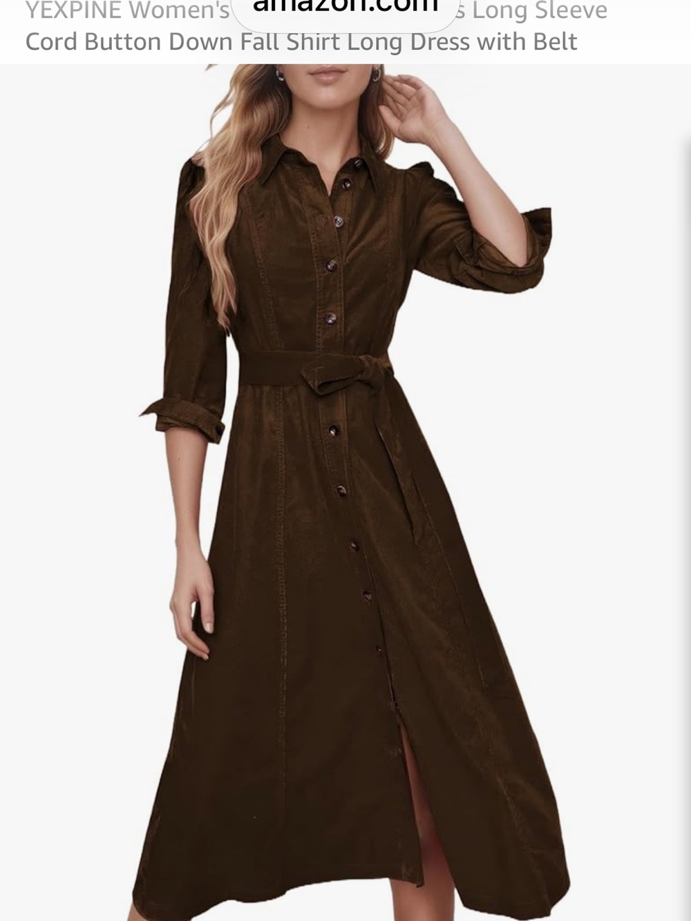 Brown Long-Sleeve Button-Front Maxi Dress with Tie Waist